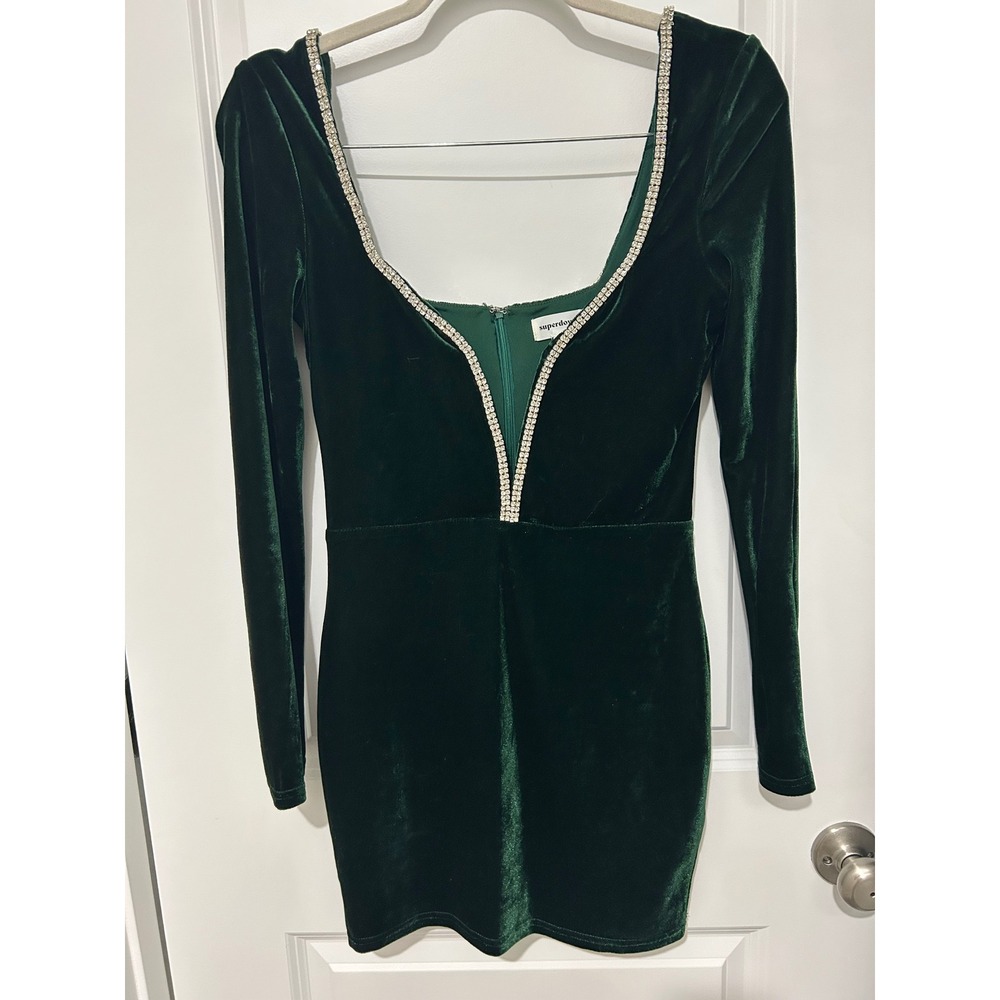 superdown Womens Rhinestone Trim Velvet Mini Dress Polyester S Emerald Green